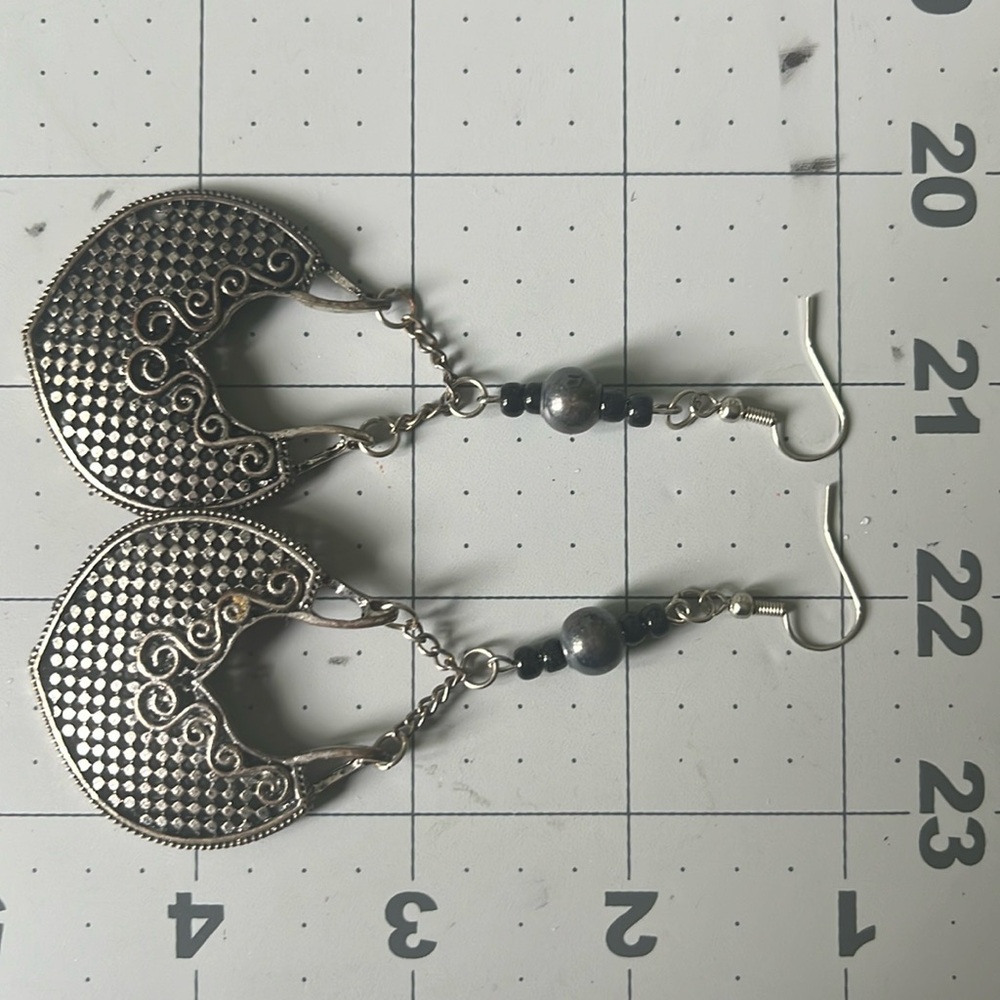 Chandelier, vintage dangle, silver tone, bead artisan made earrings